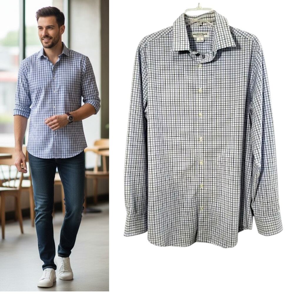 Mizzen+Main Performance Shirt Large L Trim Fit Blue Check No Tuck